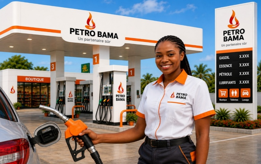 Station-service Petro Bama, une pompiste ravitaille un véhicule